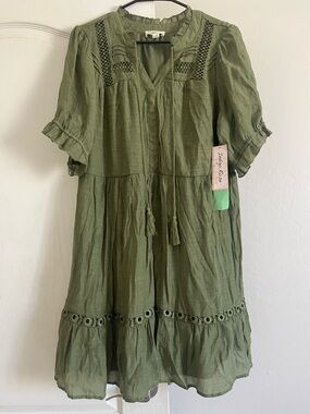 Indigo Rose Olive Green Tassel-Front Midi Dress